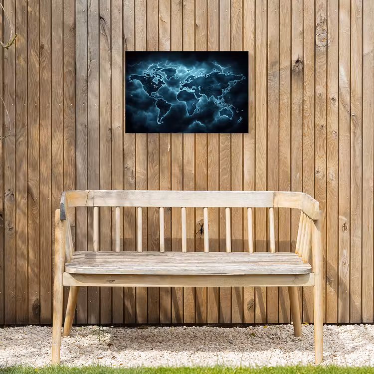 Wereldkaart - Bliksem - Blauw Tuinposter op houten frame 2 cm dik klein -sfeer4
