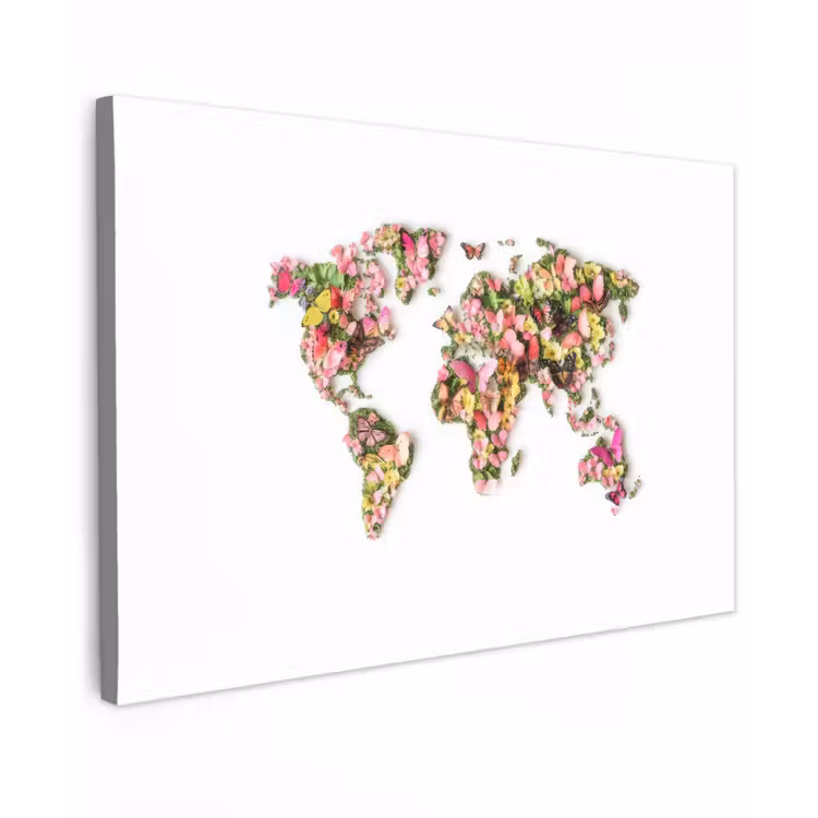 Wereldkaart - Bloemen - Felgekleurd Tuinposter op houten frame 2 cm dik klein -3d