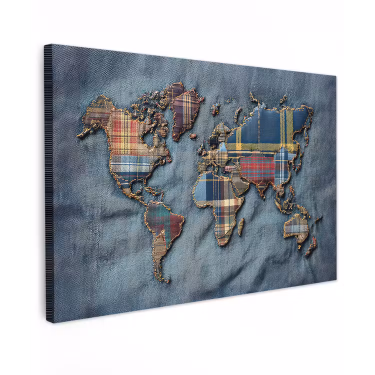 Wereldkaart - Denim - Textiel Tuinposter op houten frame 2 cm dik klein -3d