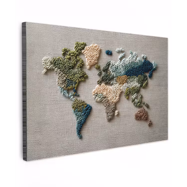 Wereldkaart - Geborduurd - Aardetinten Tuinposter op houten frame 2 cm dik klein -3d