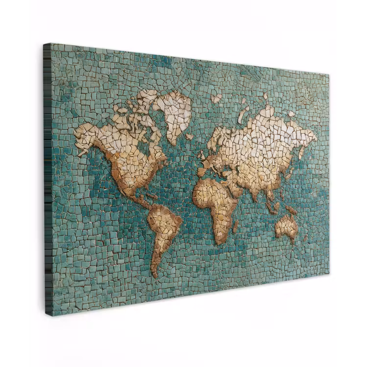 Wereldkaart - Gebroken tegels - Mozaïek Tuinposter op houten frame 2 cm dik klein -3d