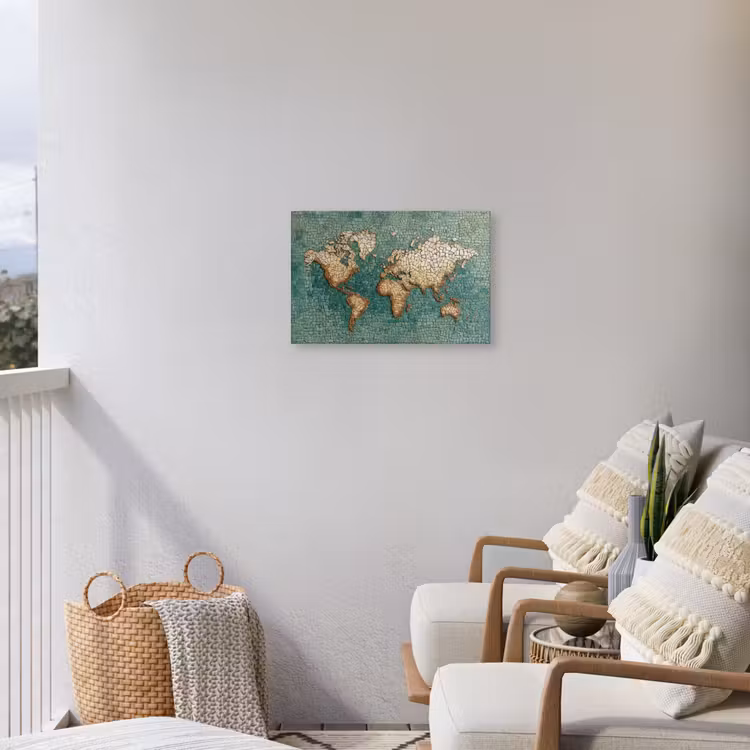 Wereldkaart - Gebroken tegels - Mozaïek Tuinposter op houten frame 2 cm dik klein -sfeer1