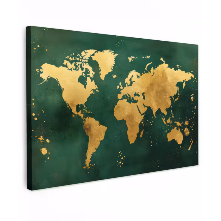 Wereldkaart - Groen - Goud Tuinposter op houten frame 2 cm dik klein -3d