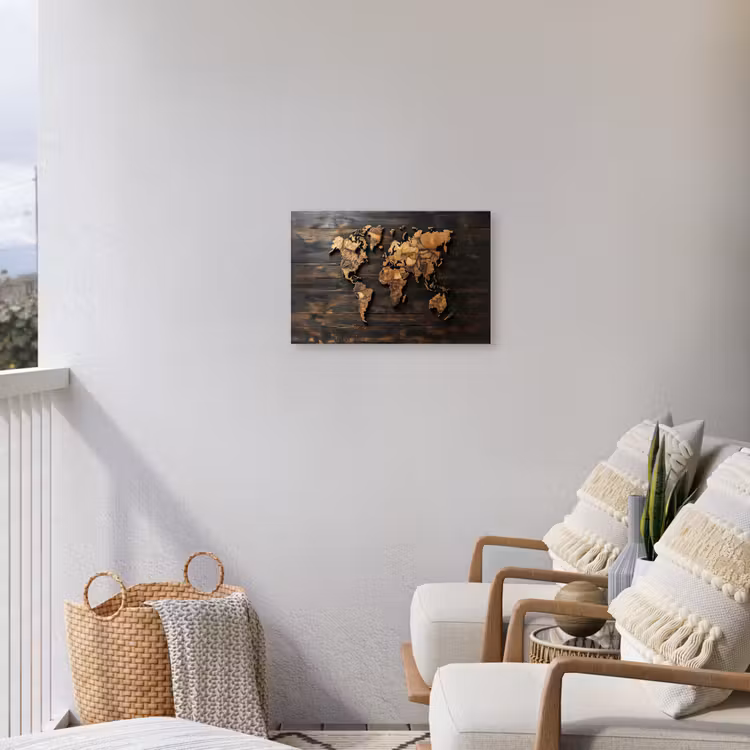 Wereldkaart - Hout - Mozaïek Tuinposter op houten frame 2 cm dik klein -sfeer1