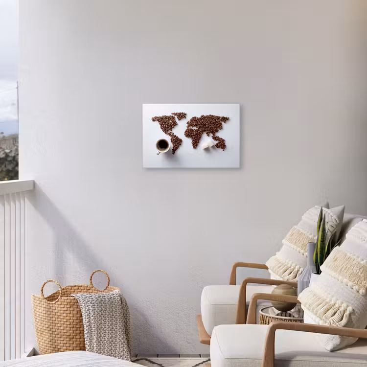 Wereldkaart - Koffiebonen - Suikerklontjes Tuinposter op houten frame 2 cm dik klein -sfeer1