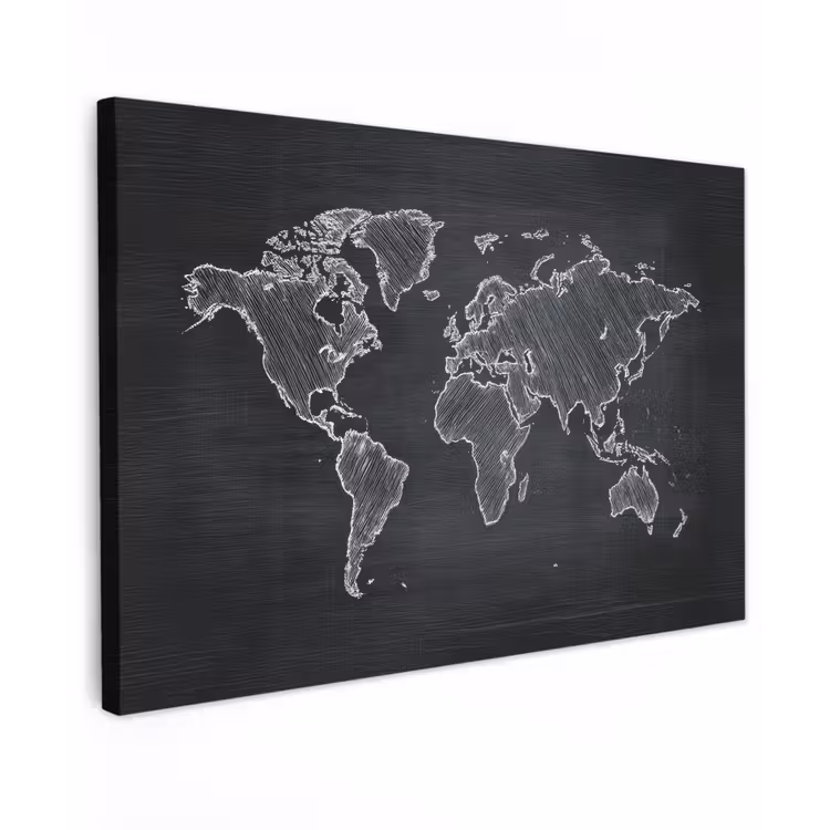 Wereldkaart - Krijt - Zwart - minimalistisch Tuinposter op houten frame 2 cm dik klein -3d