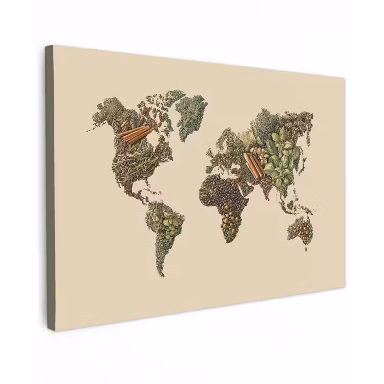 Wereldkaart - Kruiden - Kleurrijk Tuinposter op houten frame 2 cm dik klein -3d