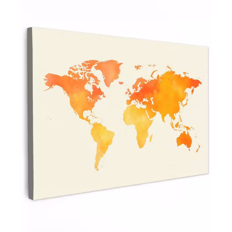 Wereldkaart - Oranje - Kleurrijk Tuinposter op houten frame 2 cm dik klein -3d