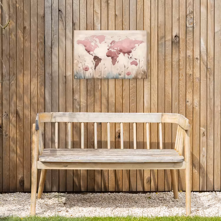 Wereldkaart - Roze - Bloemen Tuinposter op houten frame 2 cm dik klein -sfeer4