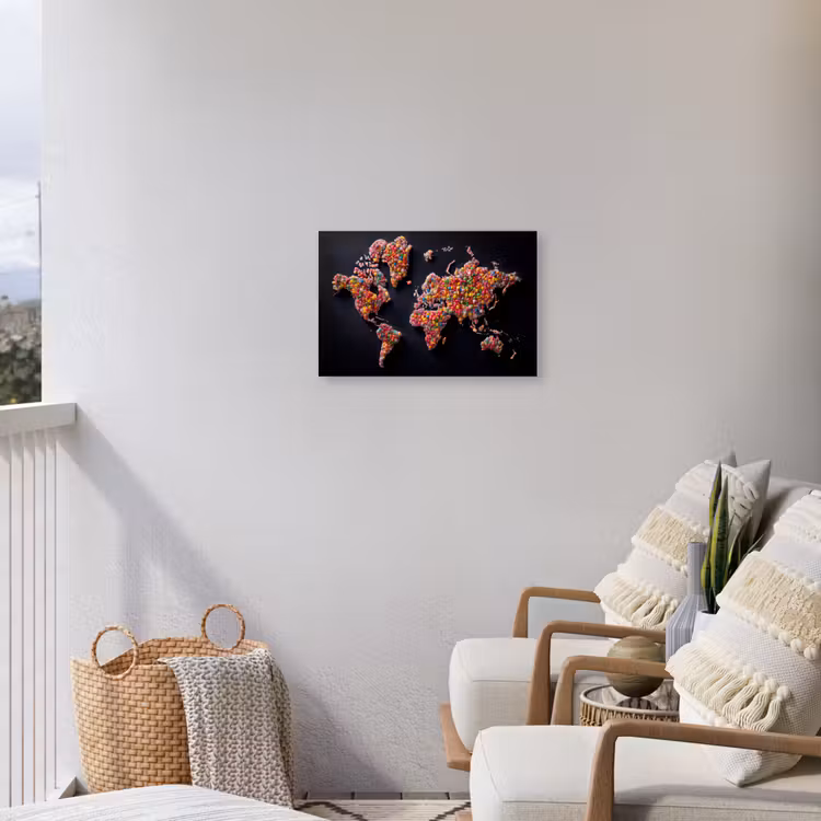 Wereldkaart - Snoepjes - Felle kleuren Tuinposter op houten frame 2 cm dik klein -sfeer1
