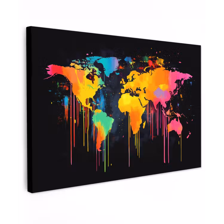 Wereldkaart - Verf - Kleurrijk - Graffiti - Wereld Tuinposter op houten frame 2 cm dik klein -3d