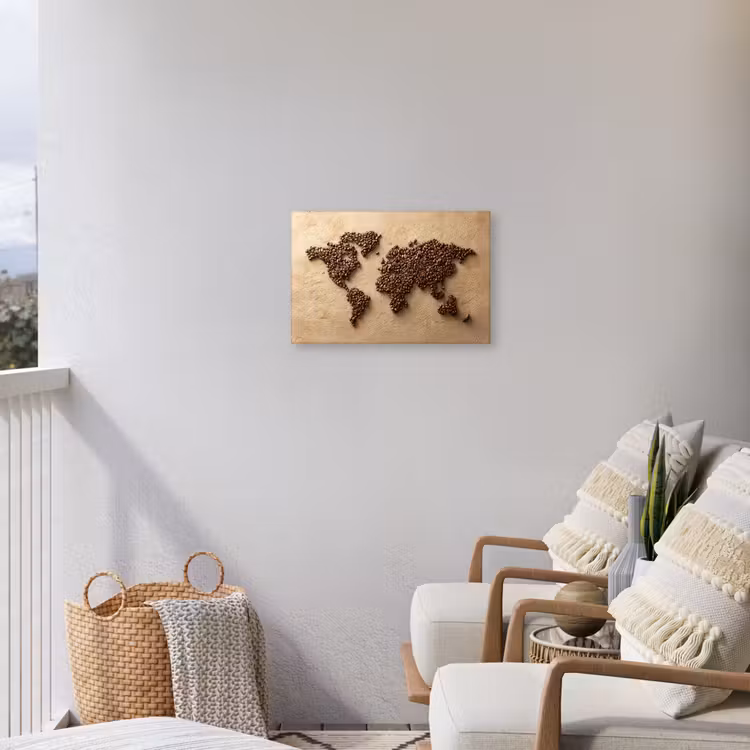 Wereldkaart - Zandkleur - Koffiebonen Tuinposter op houten frame 2 cm dik klein -sfeer1