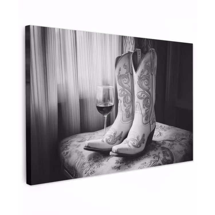 Wijn - Cowboylaarzen - Raamlicht - Wit Tuinposter op houten frame 2 cm dik klein -3d