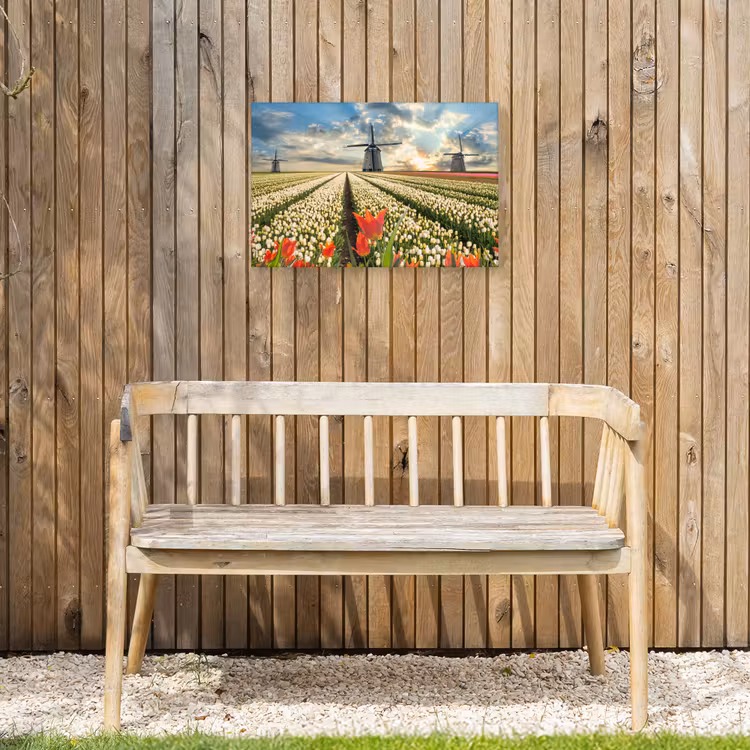 Windmolens en tulpenvelden bij zonsopgang Tuinposter op houten frame 2 cm dik klein -sfeer4