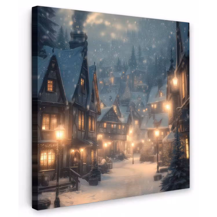 Winterdorp - Sneeuw - Donker Tuinposter op houten frame 2 cm dik middel -3d