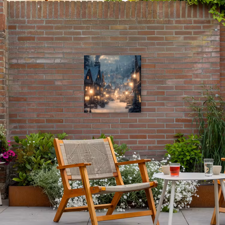 Winterdorp - Sneeuw - Donker Tuinposter op houten frame 2 cm dik middel -sfeer3
