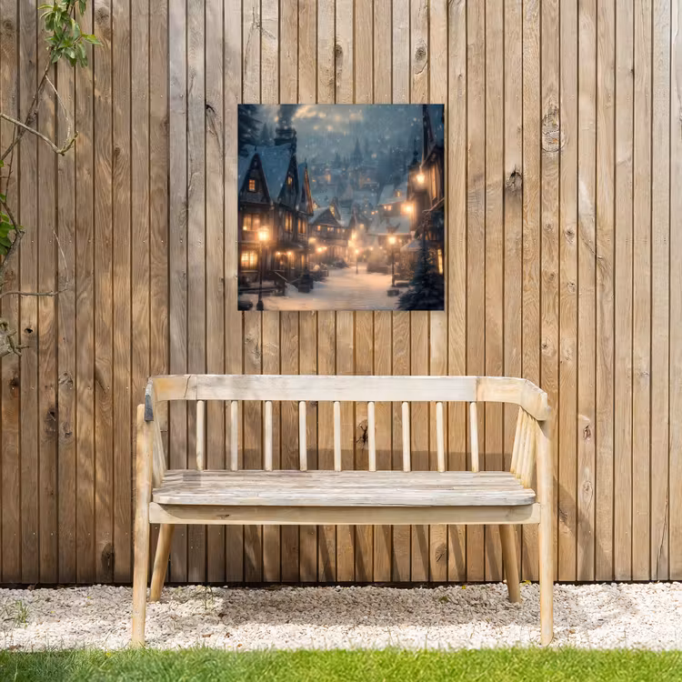 Winterdorp - Sneeuw - Donker Tuinposter op houten frame 2 cm dik middel -sfeer4