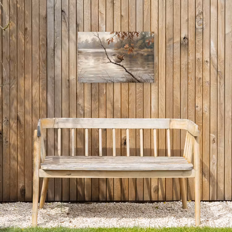 Winterkoninkje - Tak - Rivier - Natuur - Sfeervol Tuinposter op houten frame 2 cm dik klein -sfeer4