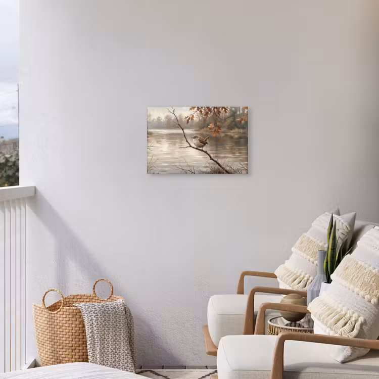 Winterkoninkje - Tak - Rivier - Natuur - Sfeervol Tuinposter op houten frame 2 cm dik klein -sfeer1