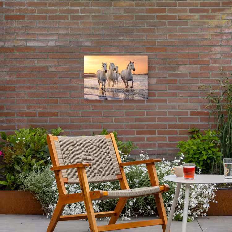 Witte paarden galopperen langs de kust Tuinposter op houten frame 2 cm dik klein -sfeer3