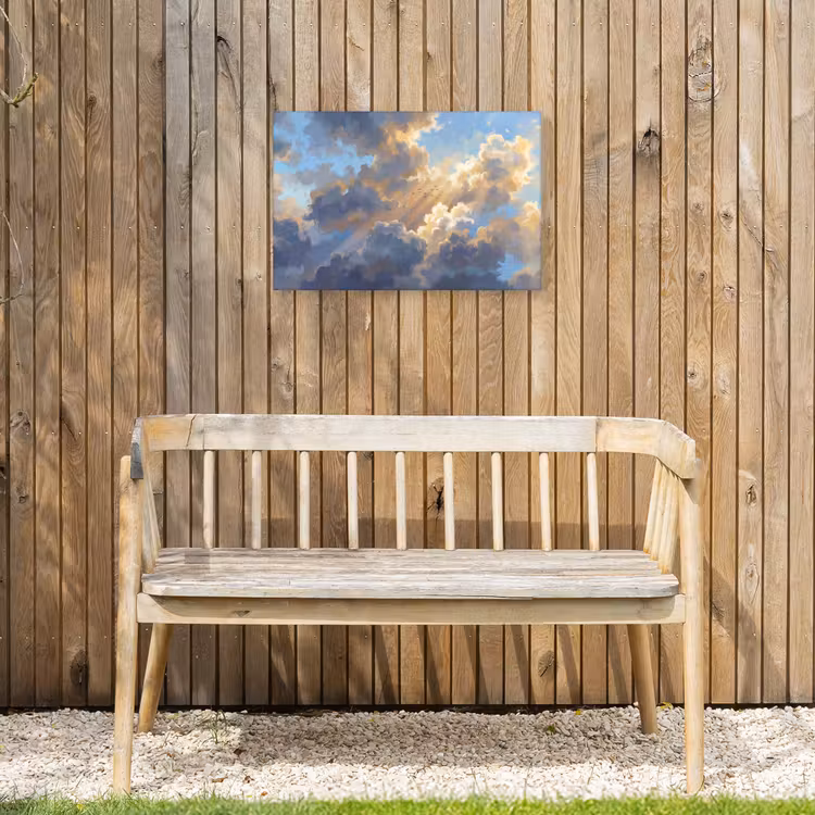 Wolken - Zonnestralen - Natuur - Abstract - Blauw Tuinposter op houten frame 2 cm dik klein -sfeer4