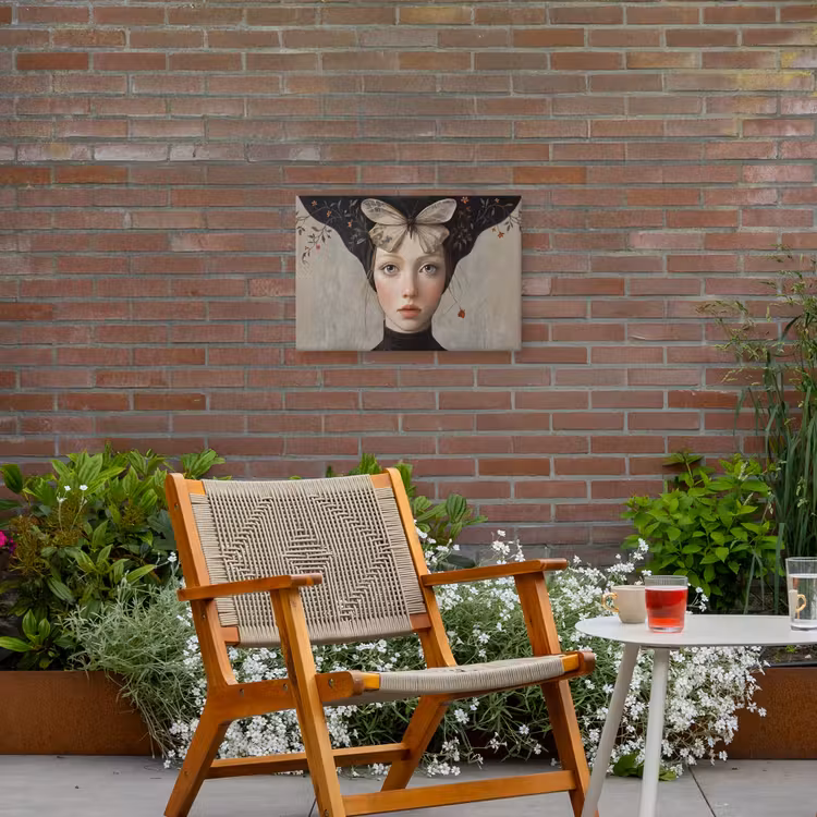 Woman - Butterfly - Art - Classic - Muted Tuinposter op houten frame 2 cm dik klein -sfeer3