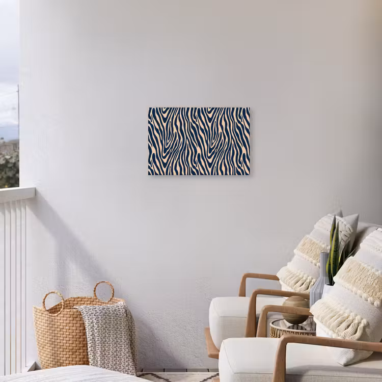 Zebra - Patroon - Blauw - Beige Tuinposter op houten frame 2 cm dik klein 845 -sfeer1