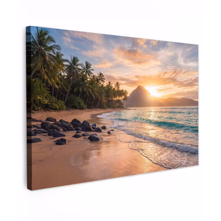 Zee - Berg - Landschap - Tropisch - Goud Tuinposter op houten frame 2 cm dik klein -3d
