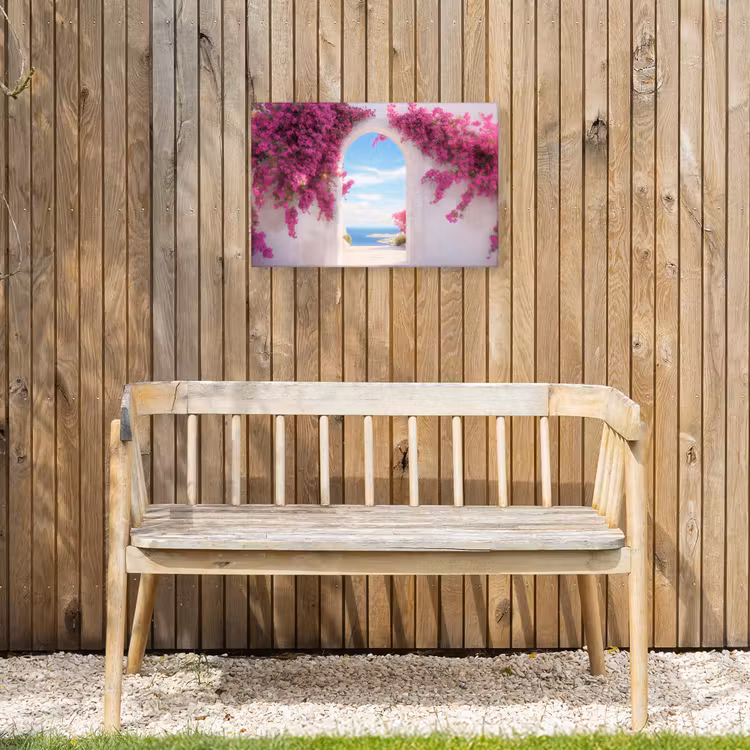 Zee - Roze - Bloemen - Poort Tuinposter op houten frame 2 cm dik klein -sfeer4
