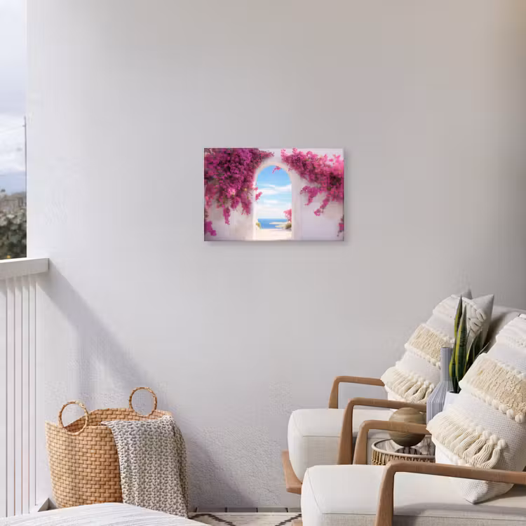 Zee - Roze - Bloemen - Poort Tuinposter op houten frame 2 cm dik klein -sfeer1