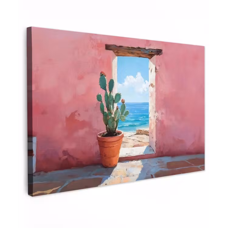 Zee - Roze - Cactus Tuinposter op houten frame 2 cm dik klein -3d