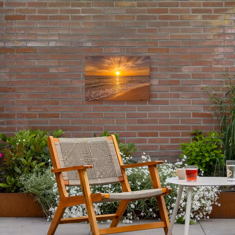 Zee - Zonsondergang - Golven - Kust - Oranje Tuinposter op houten frame 2 cm dik klein -sfeer3