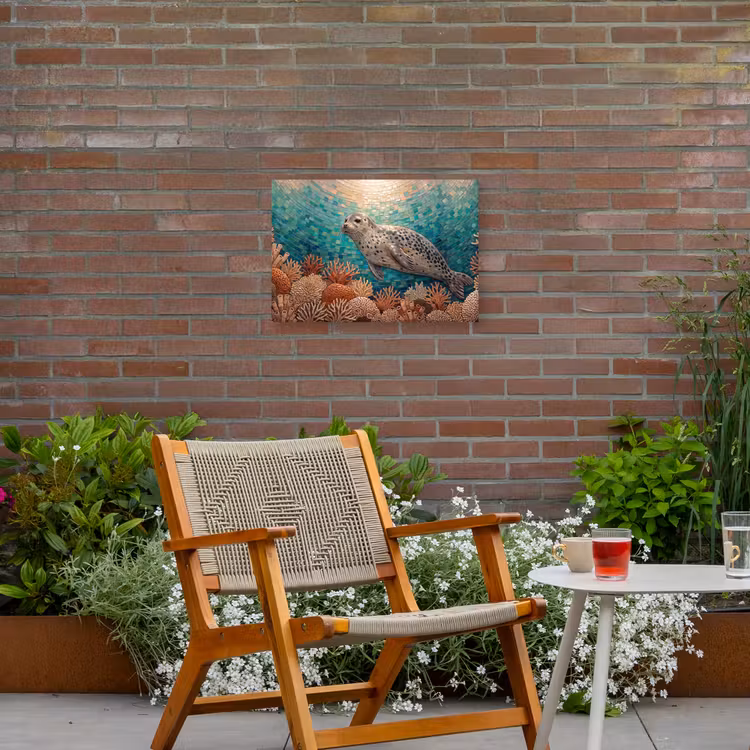 Zeehond - Mozaïek - Onderwater - Dieren - Blauw Tuinposter op houten frame 2 cm dik klein -sfeer3