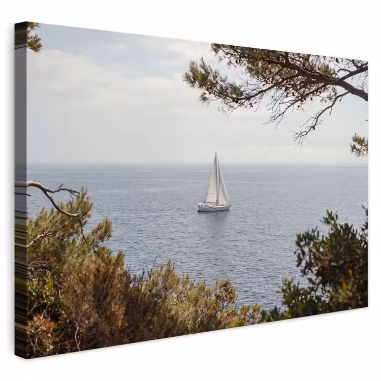 Buiten canvas - Zeilboot - bomen - water - Zeilboot - bomen - water Tuinposter op houten frame 2 cm dik klein