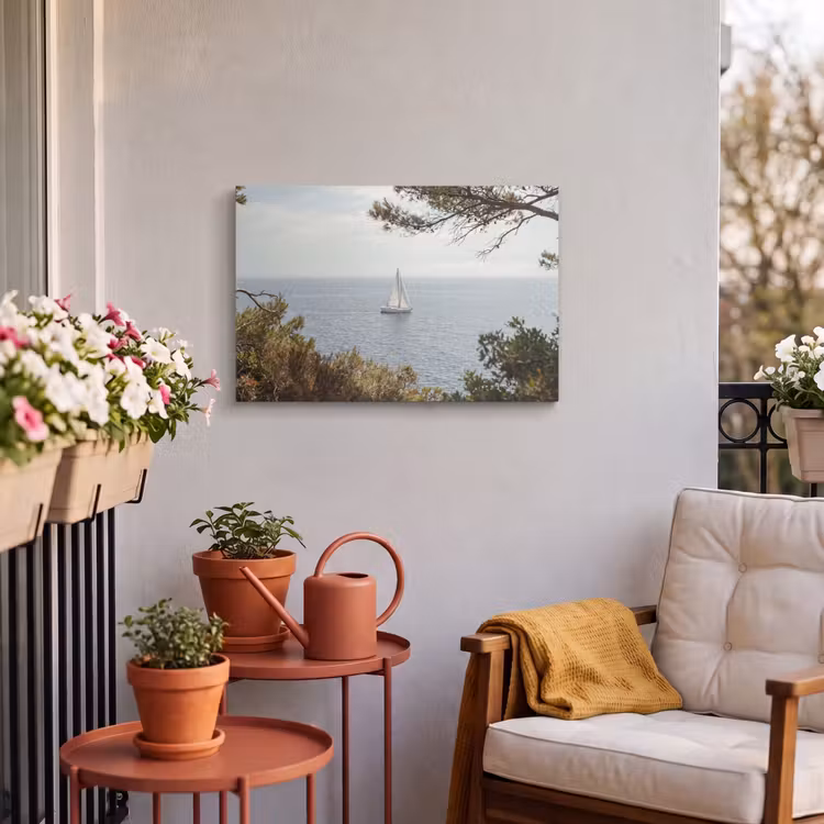 Buiten canvas - Zeilboot - bomen - water - Zeilboot - bomen - water Tuinposter op houten frame 2 cm dik klein