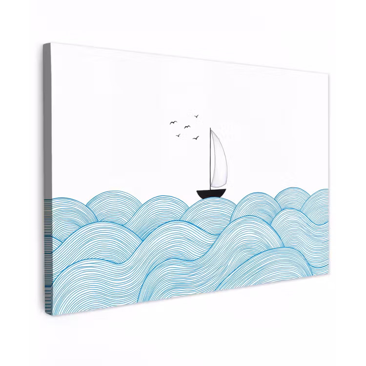 Zeilboot - Golven - Zee - Illustratie - Blauw Tuinposter op houten frame 2 cm dik klein -3d