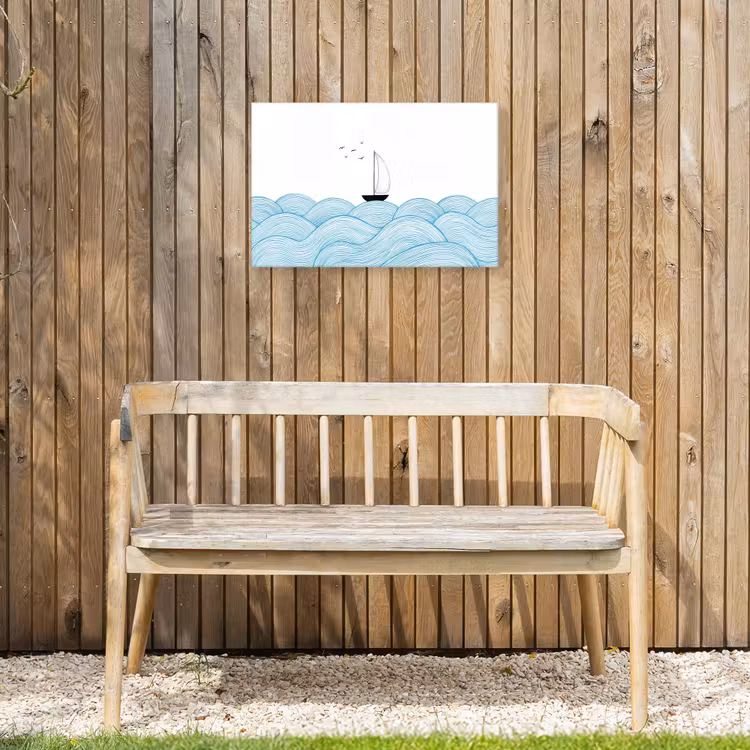 Zeilboot - Golven - Zee - Illustratie - Blauw Tuinposter op houten frame 2 cm dik klein -sfeer4