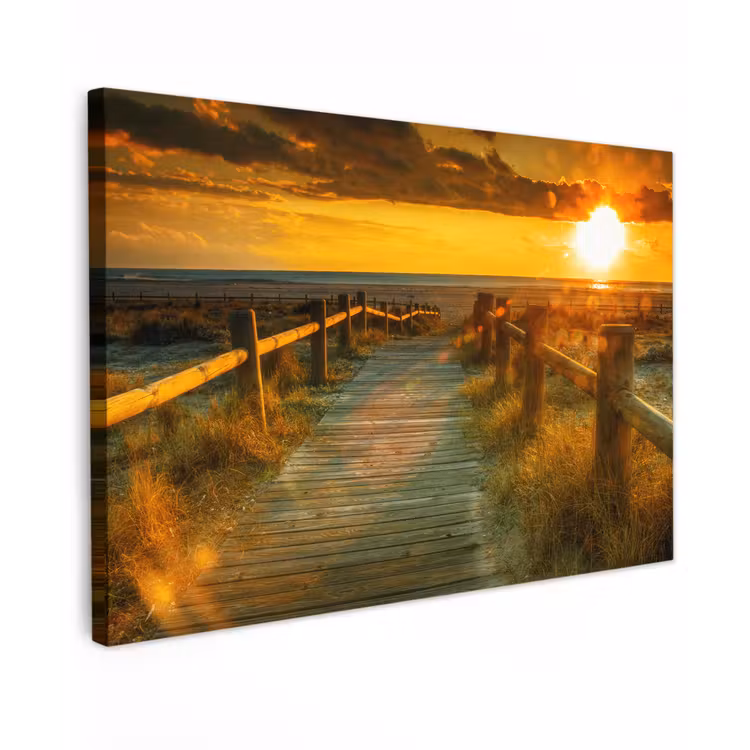 Zon - Strand - Duin - Horizon - Gras - Pad - Oranje Tuinposter op houten frame 2 cm dik klein -3d