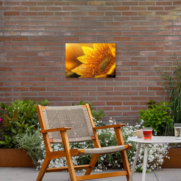 Zonnebloem - Dauwdruppels - Geel - Zonlicht Tuinposter op houten frame 2 cm dik klein -sfeer3