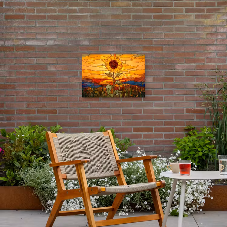 Zonnebloem - Mozaïek - Zonsondergang - Geel Tuinposter op houten frame 2 cm dik klein -sfeer3