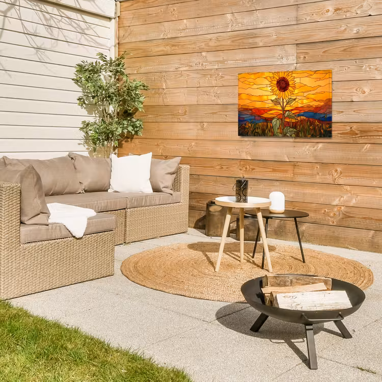 Zonnebloem - Mozaïek - Zonsondergang - Geel Tuinposter op houten frame 2 cm dik klein -sfeer2