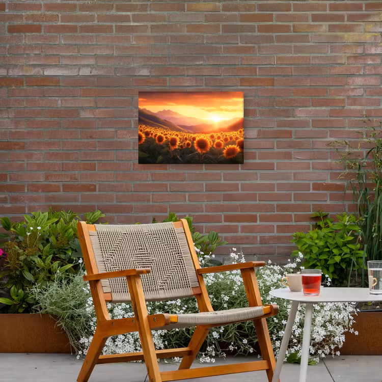 Zonnebloemen - Zonsondergang - Landschap Tuinposter op houten frame 2 cm dik klein -sfeer3