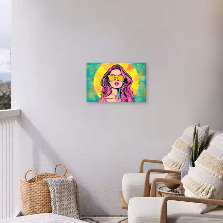 Zonnebril - Vrouw - Zonnig - Geel Tuinposter op houten frame 2 cm dik klein -sfeer1