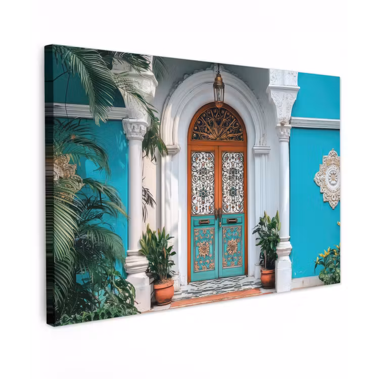 Zuilen - Sierlijke - Deur - Blauw Tuinposter op houten frame 2 cm dik klein -3d