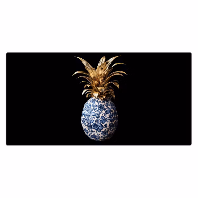 Ananas - Bloemen patroon - Goud - Delftsblauw Muismat XXL klein -3d_leeg