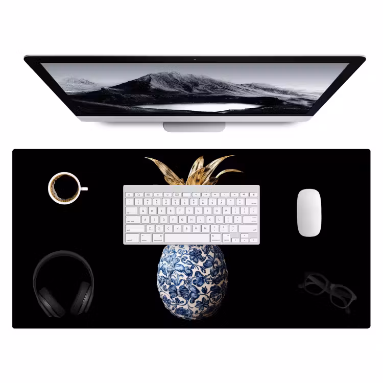Ananas - Bloemen patroon - Goud - Delftsblauw Muismat XXL klein -3d