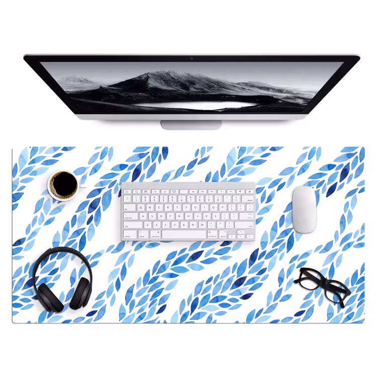 Bladeren - Aquarel - Patroon - Modern - Blauw Muismat XXL klein -3d