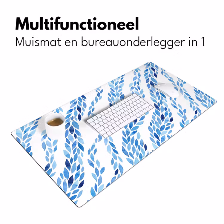 Bladeren - Aquarel - Patroon - Modern - Blauw Muismat XXL klein -sfeer4