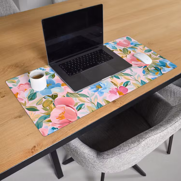 Blauw - Roze - Bloemen Muismat XXL klein -sfeer1