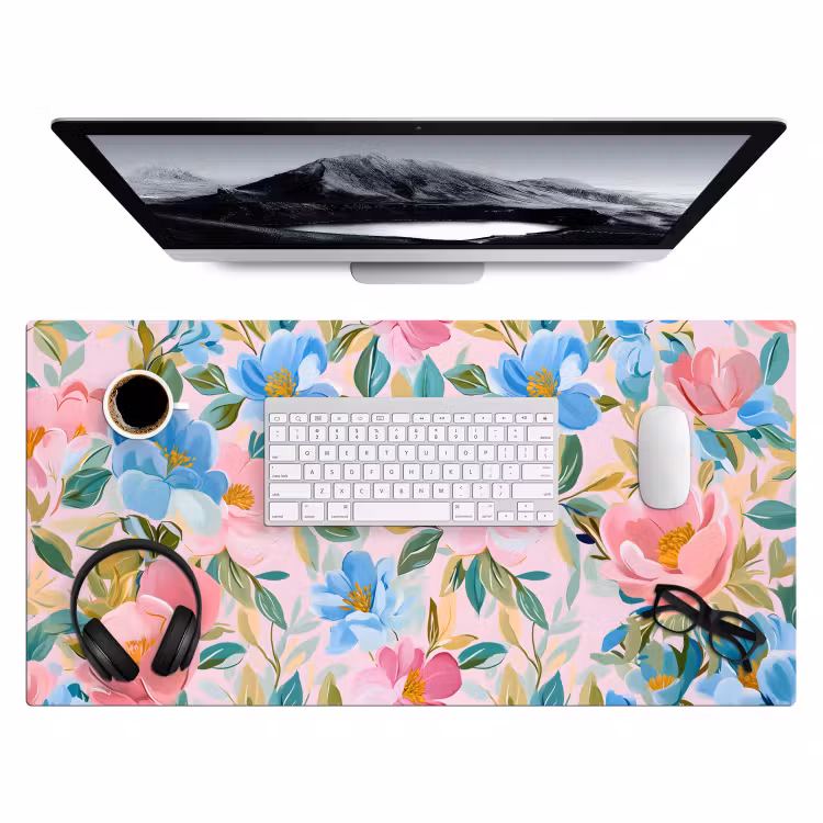 Blauw - Roze - Bloemen Muismat XXL klein -3d
